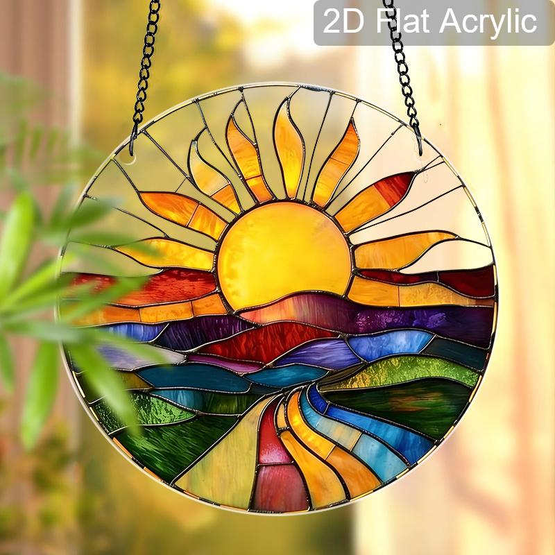 Acryl Zonsondergang Landschap Zonenvanger Glas-in-lood Effect Raamhanger Ornament Natuur Decor