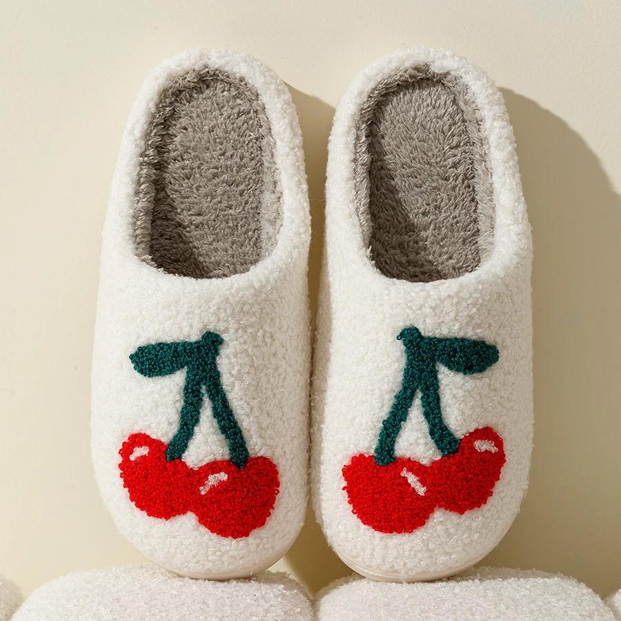 Fashion Super Cute Cherries Plush House Slippers for Women  Comfy Home Shoes   Flat Slip-on Slides   Platforms, Winter Slippers