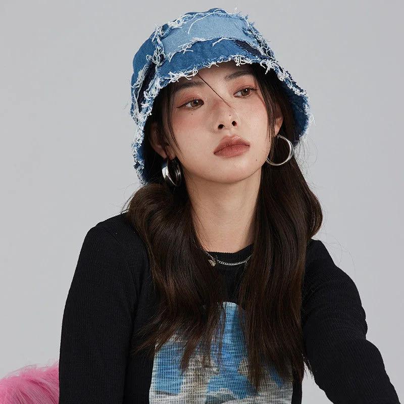 Japanese Niche Designer Bucket Hat Showing Small Face Retro Beggar Style Splicing Contrasting Color Denim Basin Caps for Women