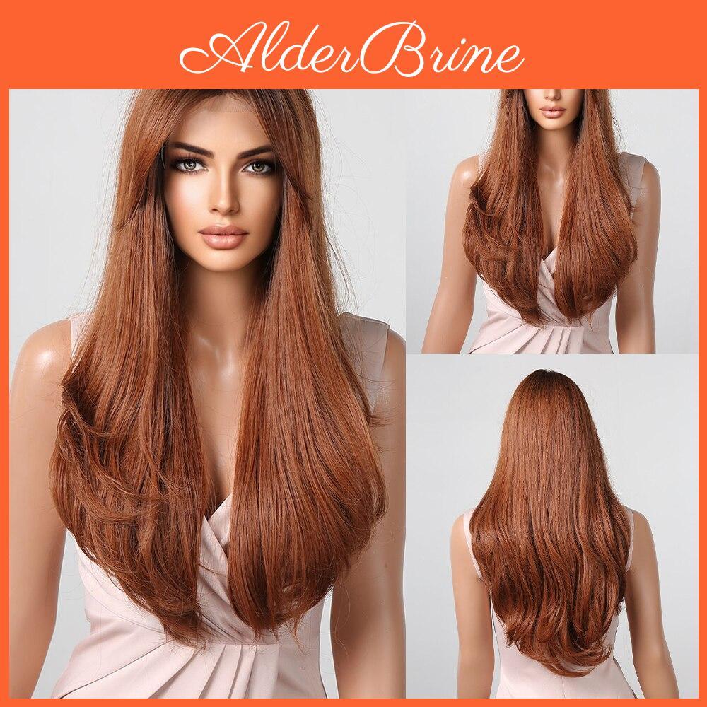 Lace Haircube Long Straight Front Synthetic Wigs Red Brown Copper Ginger Wigs For Women With Bangs Daily Heat Resistant Wigs