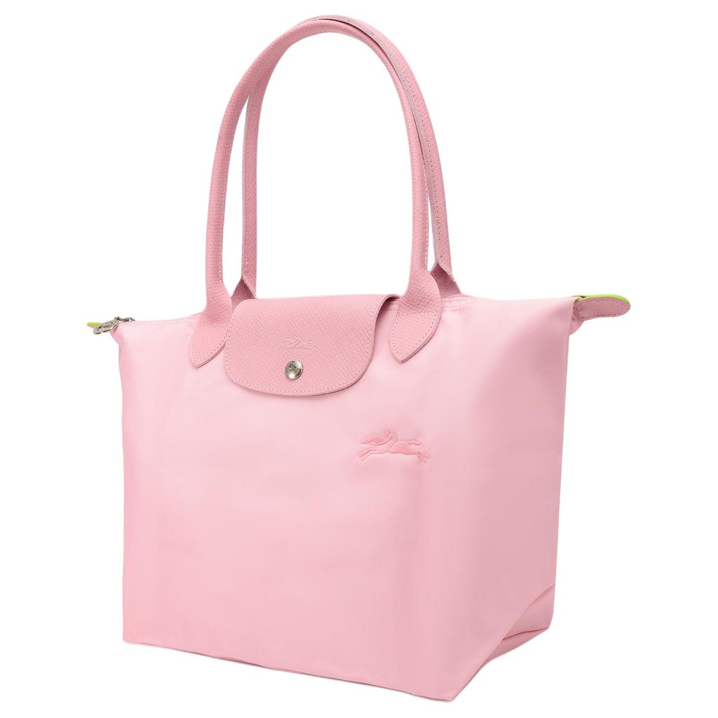 Longchamp Le Pliage Green Effen Kleur Geborduurd Logo Ritssluiting Drukknop Leer Tote Boodschappentas Handvat Schouderband Medium 2605919P75