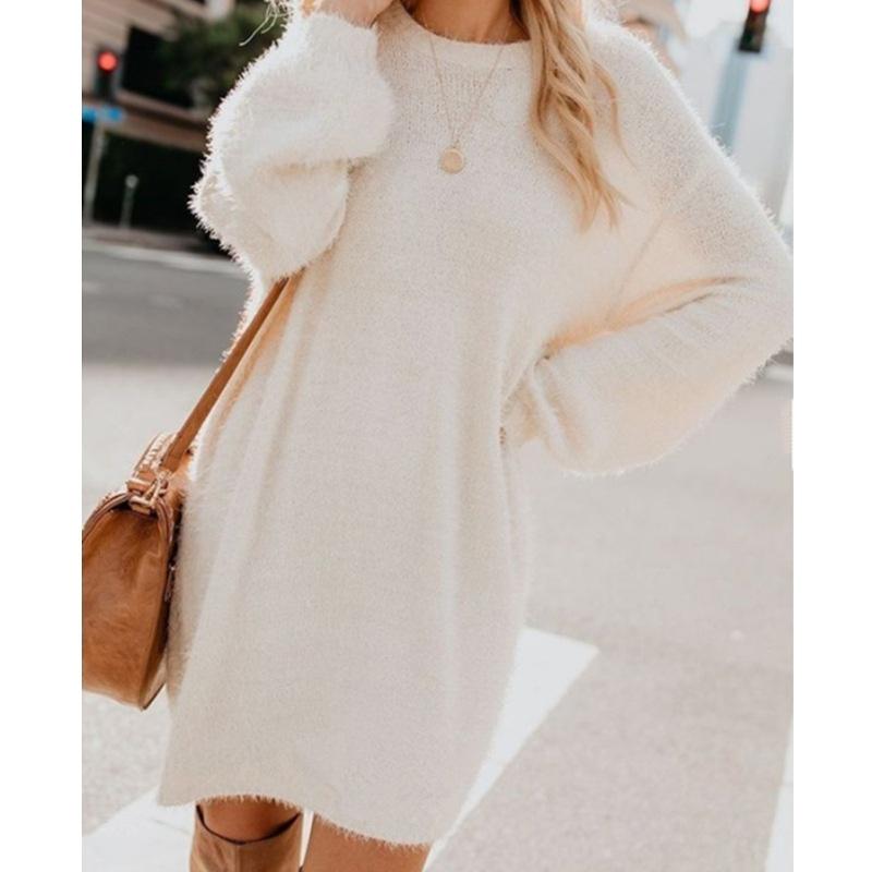Women Autumn Winter Fashion Casual Sweater Dress Soft Comfy Long Sleeved Solid Dresses Solid Chic Loose Sweater Dresses Furry Sweater