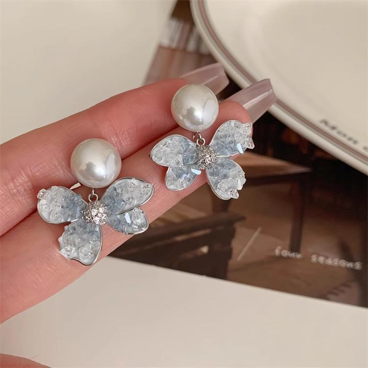 Silver needle cold blue flower pearl earrings women's new popular high-end stud earrings