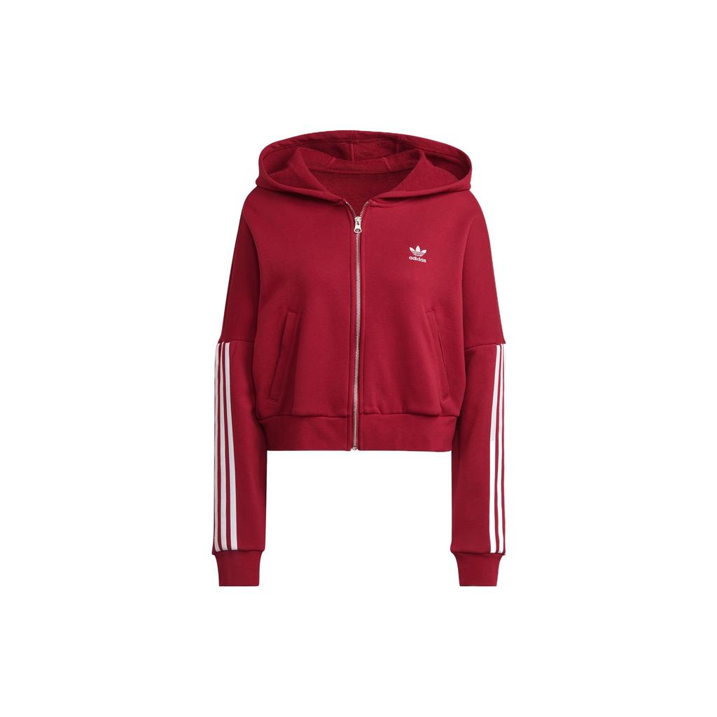 adidas Jachetă Originals Trefoil cu glugă, dungi laterale și șnur, îmbrăcăminte exterioară pentru femei, roșu HM2133