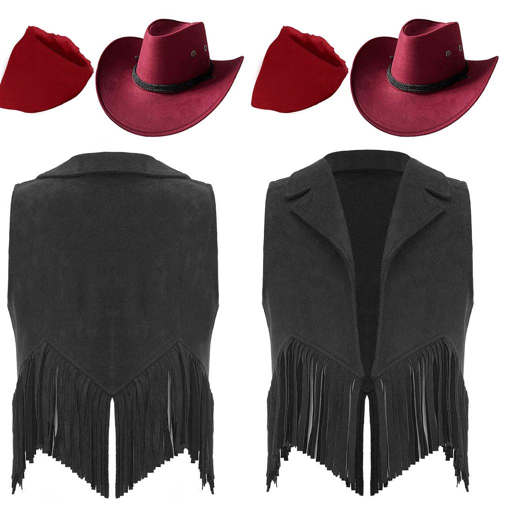 Kids Cowgirl Vest Suede Fringe Tassel Western Costume Set with Bandana Hat for Halloween Rodeo Role Play