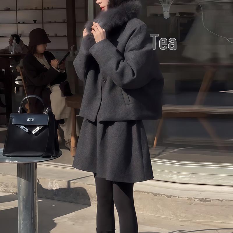 Korean High-End Wool Suit Set: Petite Women's Chic Autumn/Winter Coat & Skirt Two-Piece