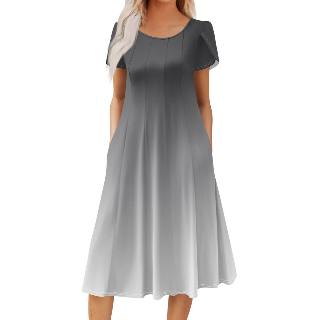Women's Casual Fashion Round Neck Printed Short Sleeve Pocket Dress
