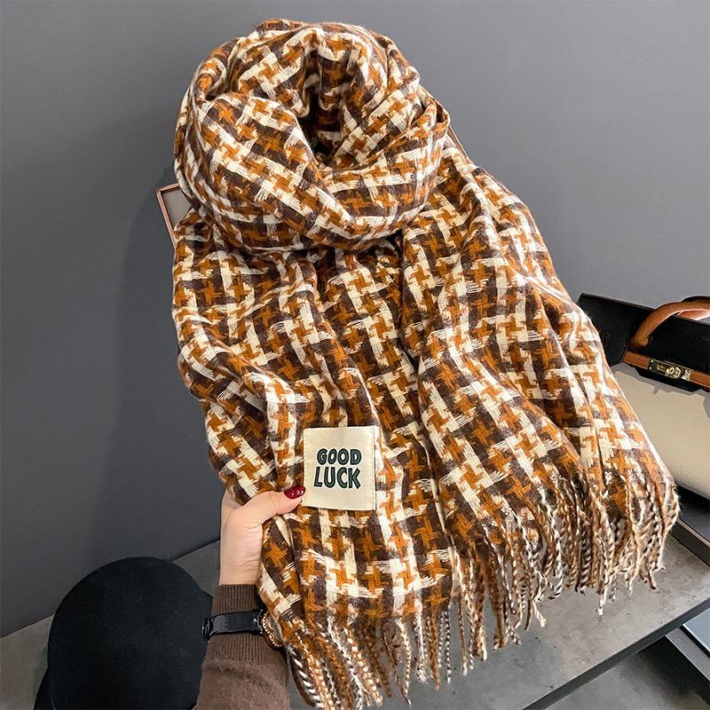 Goodluk color matching square plaid scarf women's winter shawl street contrasting tassel imitation cashmere scarf