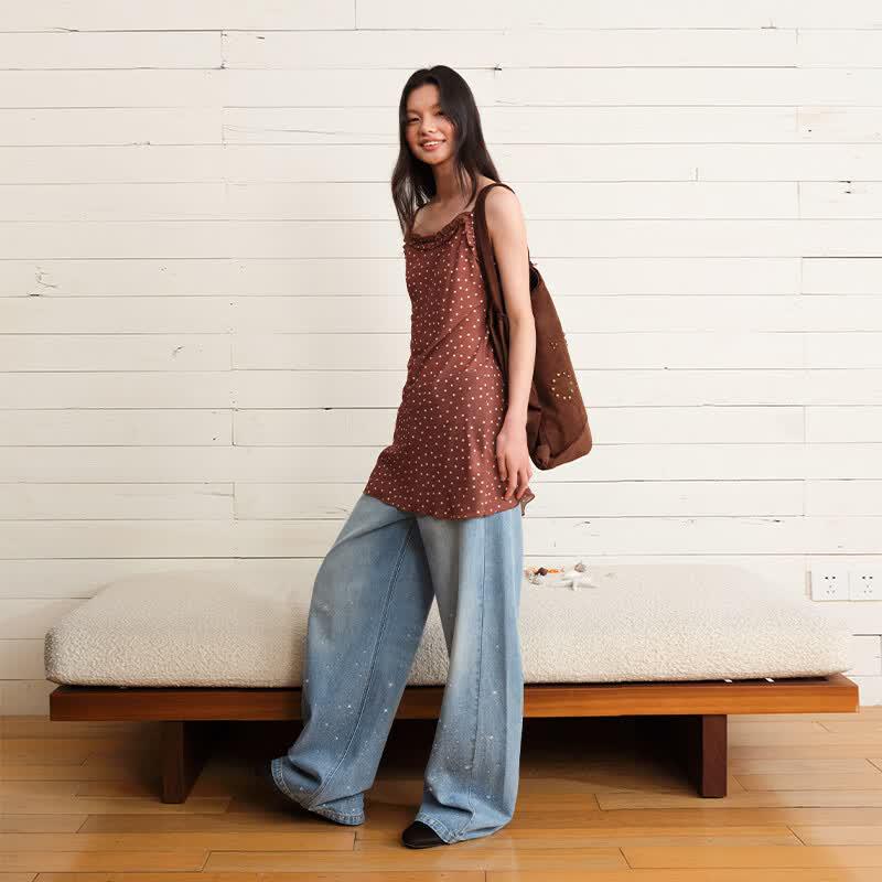 GREEN BELT Blue Washed Rhinestone Slim Loose Wide-Leg Jeans