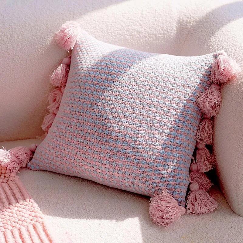 Home Decoration Knitting Cushion Cover Mint Green Tassel Pillowcover Modern Sofa Living Room Waist Pillow Bed Head Round Pillow