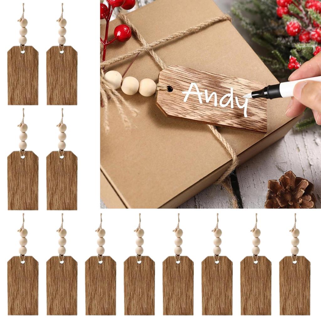 12Pieces Customizable Wood Nameplates Christmas Stocking Hanging Name Tagged with Wood Beads for DIY Home Decorations