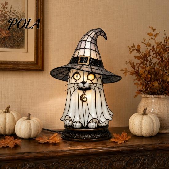 Decorative Bedside Lamp Stained Glass Witch Hat Lamp, Halloween Black Cat Ghost Raven Night Atmosphere Light for Movies Light, Gothic Retro