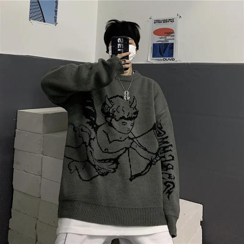 Свитера женские уличные вязаный свитер пуловер ангел жаккардовый модный хип-хоп весна осень Harajuku свободная верхняя одежда джемпер XXL 2598₽