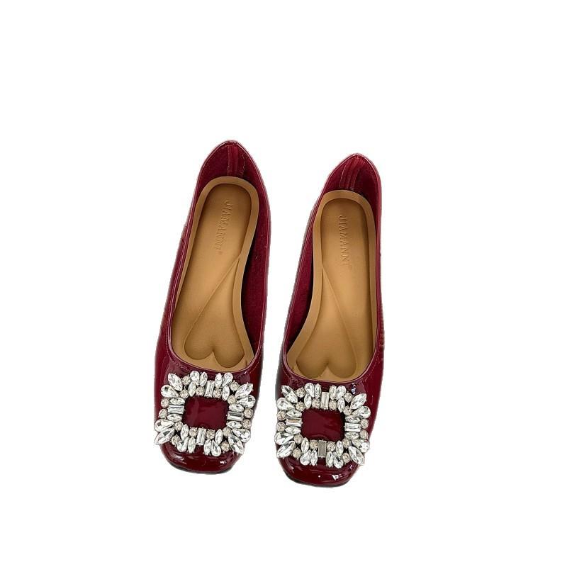 Korean version patent leather square head rhinestone thick heel shallow mouth single shoes women's 2025 new spring and autumn versatile one-pedal