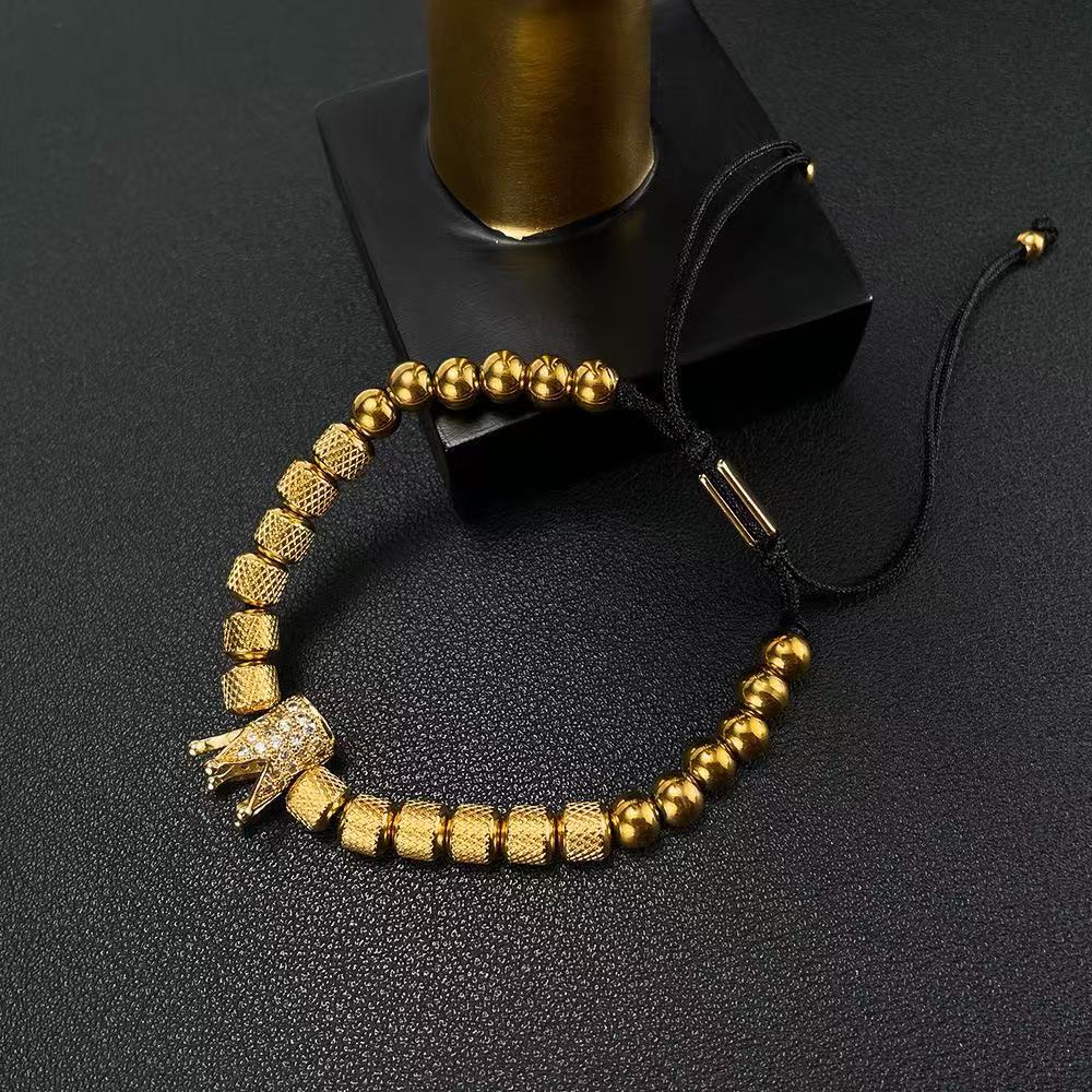 Stainless Steel 18K Gold Plated CZ Crown Pineapple Bead Bracelet, Woven Rope, Waterproof Tarnish-Free, Men's Jewelry