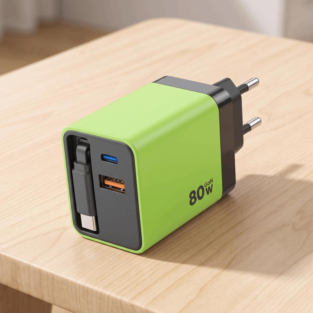 Retractable Cable Fast Charger 80W Power PD Fast Charging Light Indicator USB C Charger  Travel Use