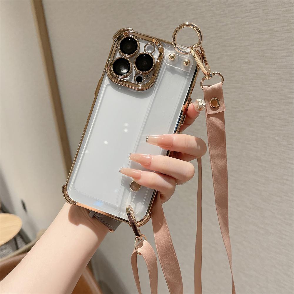 Luxury Plating Wristband Crossbody Lanyard Clear Hard Case For iPhone 16 15 14 Pro Max 13 12 11 XS X XR Transparent Soft Cover