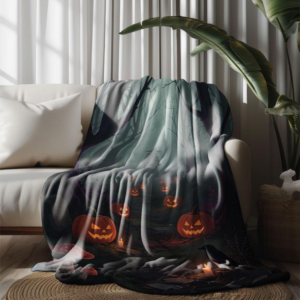 1pc Halloween Dark Forest Pumpkin Lantern Wizard 230g Flannel Blanket, Soft Cozy Throw Blanket For Sofa Lounge And Daily Nap