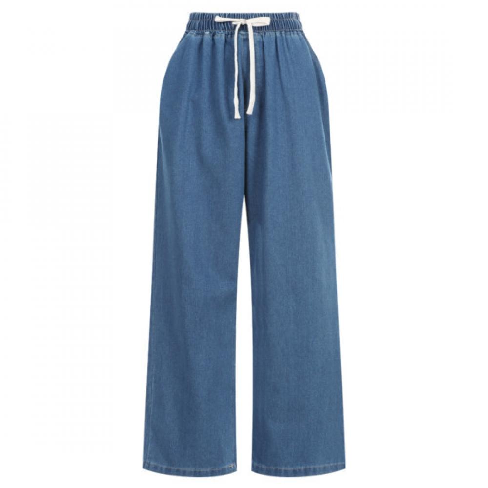 Shop Women Denim Wide Pants With WaistbAnd And Pockets Dark Blue Pic Wpt 20311
