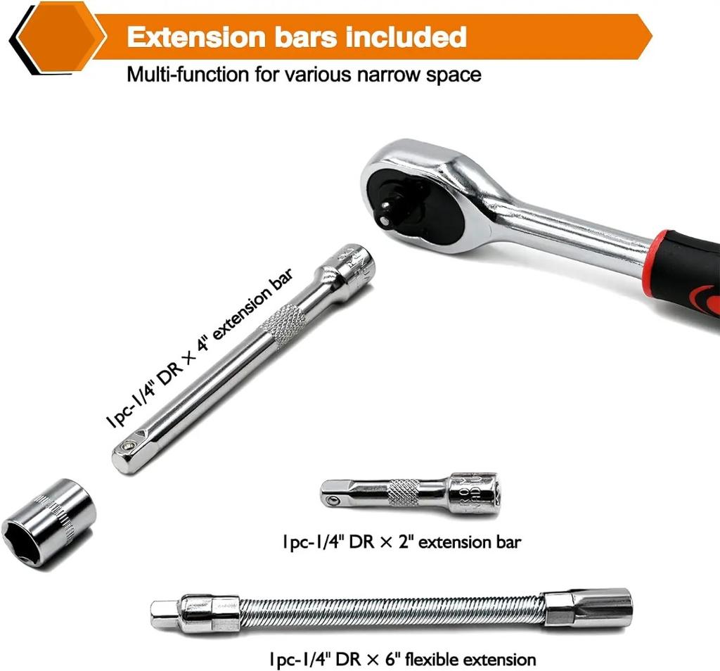 46 Pieces 1/4 Inch Drive Socket Ratchet Wrench Set, With Bit Socket Set, Metric And Extension Bar For Auto Repairing