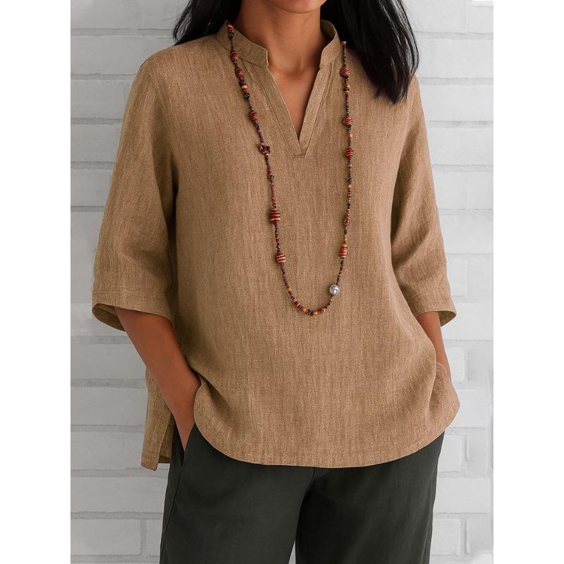Women's Linen V Neck Stand Collar Blouse Casual 3/4 Sleeve Loose Shirt Top
