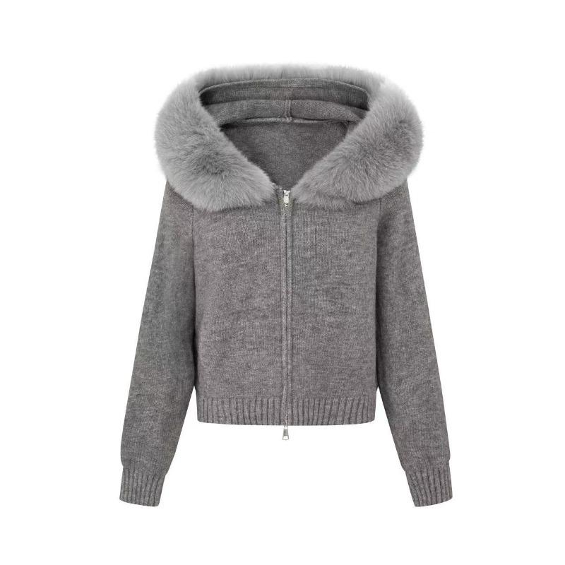 Vielseitiger großer Pelzkragen Kapuzen-Reißverschluss Lässiger Wind Strickjacke Jacke Herbst und Winter Strickpullover Oberteil