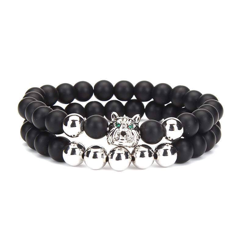 Micro Pave Wolf Head Zircon Bracelet Set, Frosted Matte Stone Beaded Bracelets