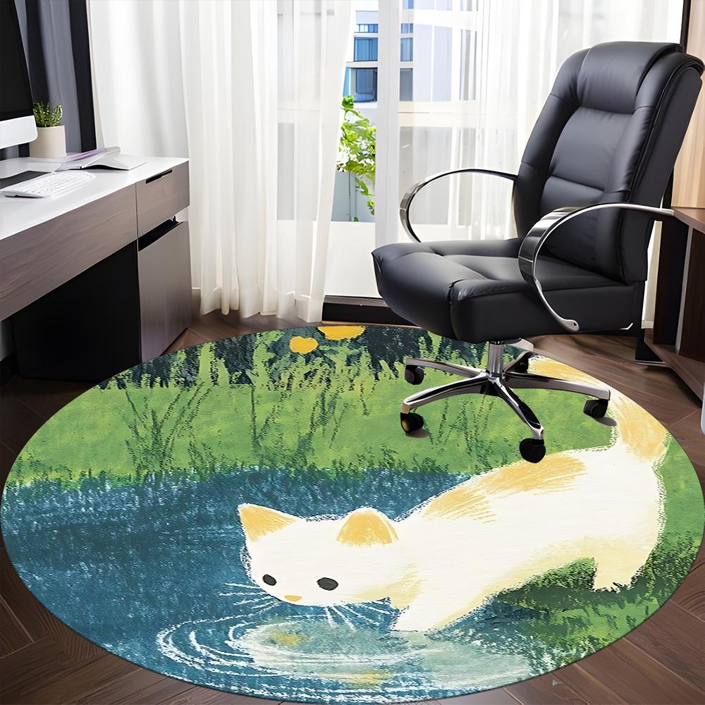 1PC Cat Pond Office Round Area Rug, Mat Suitable ForOffice, Under Office Chairs Bedroom Living Room Home Decor, Room Deco
