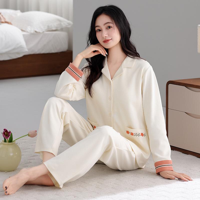 Anti-bumping point with chest pad Spring and autumn women's cardigan loungewear pure cotton long-sleeved lapel two-piece pajamas women's suit