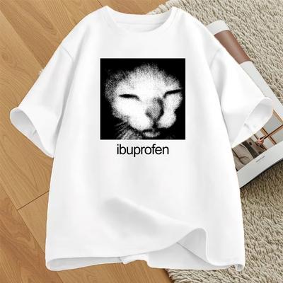 Ibuprofen Mem Kota Nadruk T-shirt Kobiety Mężczyźni Casualowy Śmieszny Kot Graficzny Okrągły Dekolt Krótki Rękaw Top Moda Streetwear T-shirt Unisex