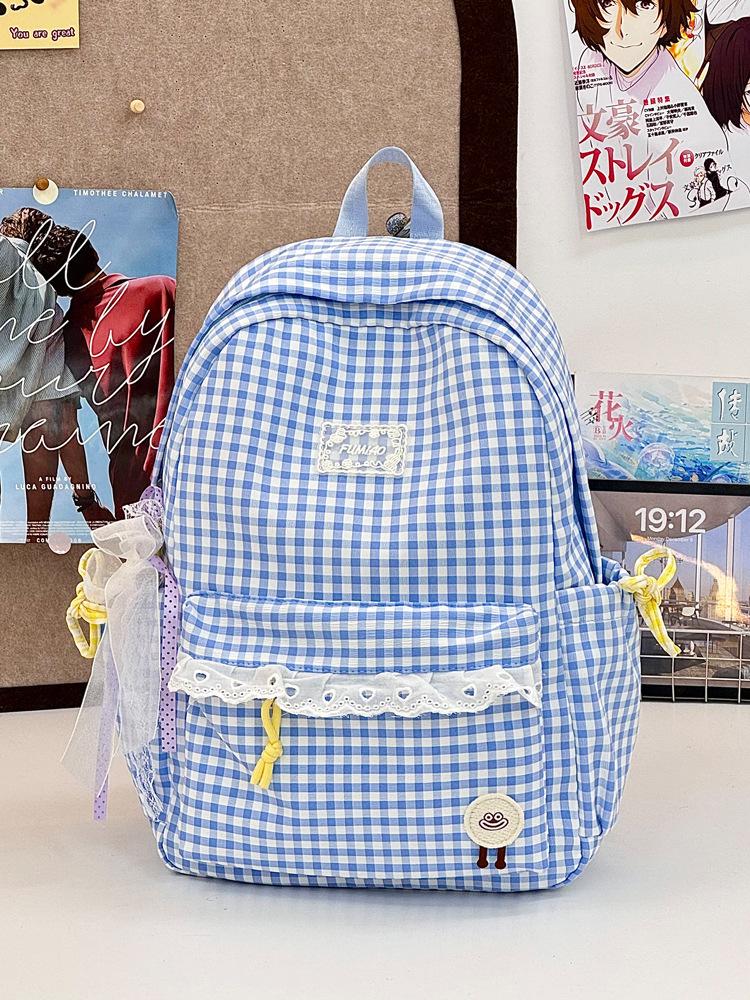 School bag new fresh plaid lace backpack, versatile for daily use, large capacity for outings, commuting, student backpack