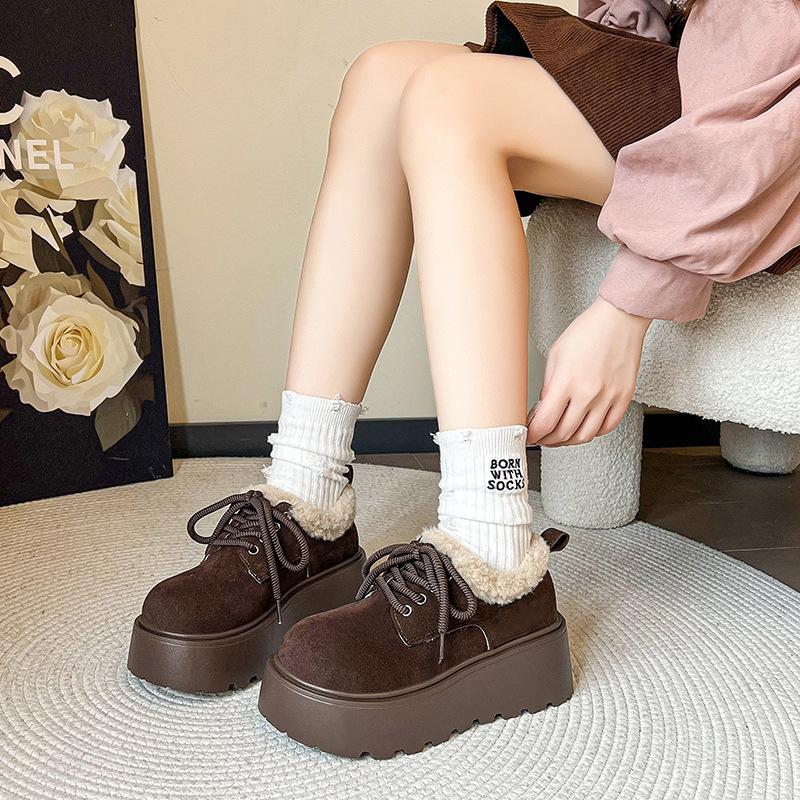 Fashion Fur Platform Women Snow Ankle Boots Suede Mid Heels Cotton Mary Janes Shoes 2025 Trend Lace Up Short Plush Winter Botas De Mujer
