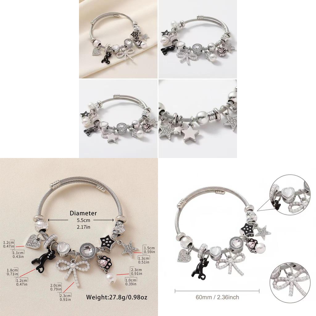 Stainless Steel Cat Bowknot Star Charm Bracelet For Fashion Casual Wear