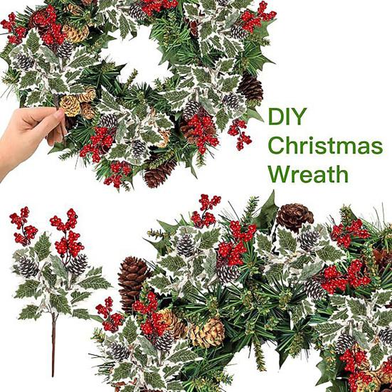 6Pcs Artificial Plants with Holly Berries Pine Cones Faux Greenery Branch Fake Red Berries Green Plants Stems Christmas Holiday Party Decoration