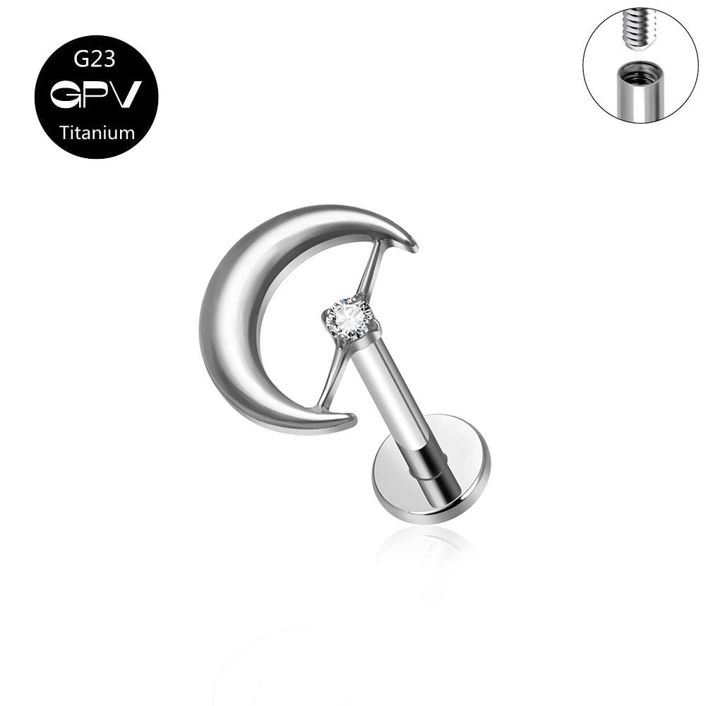 

G23 F136 Титановая лунная серьга-гвоздик Сварная звезда CZ Популярная классическая внутренняя резьба Гвоздик для хряща уха Женский пирсинг Циркон 1.2x10mm