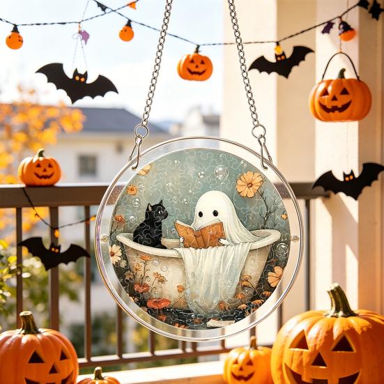 Durable Acrylic Halloween Suncatcher Jigsaw Puzzle Set, Spooky Ghost Floral Meadow Window Hanging Ornament with Metal Porch Decoration Frame & Chain,