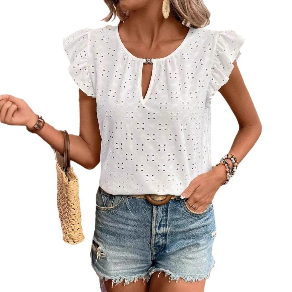 Jacquard V-Neck Push-Up Sleeve Short Sleeve T-Shirt Top,Women's