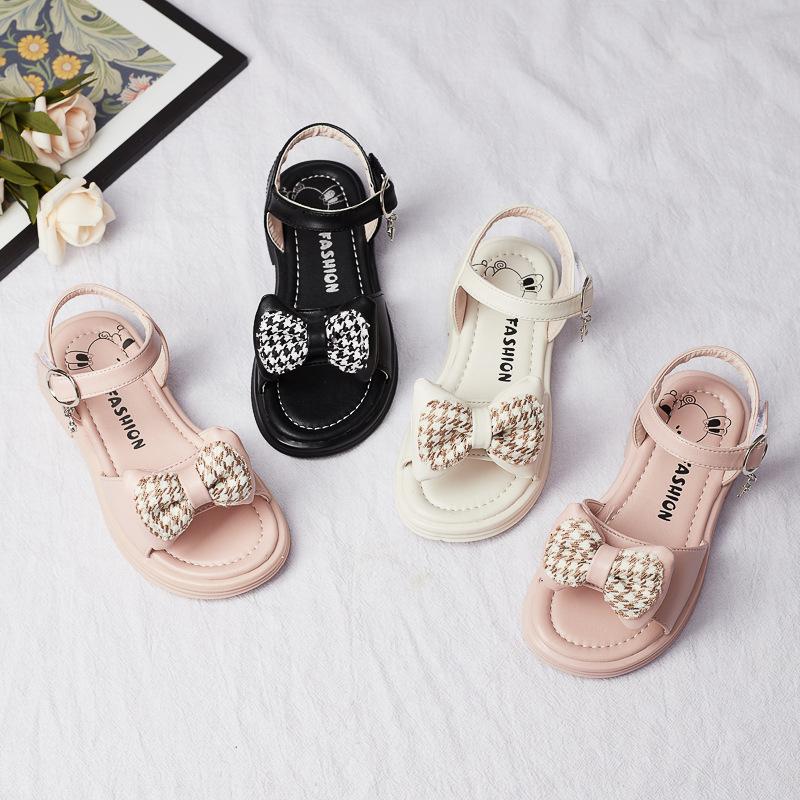 Children Fashion Casual Shoes Versatile Solid Color Houndstooth Girls Sandals Open-toe Korean Style Kids Shoes 2024 Soft Simple