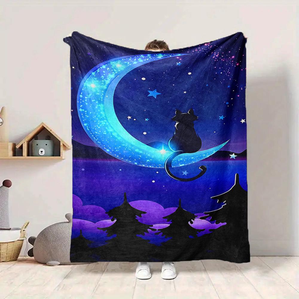 1pc Moon Cat Lightweight Flannel Blanket, Comfortable and Warm Blanket, for Office and Camping Sofa Bed, Livingroom032