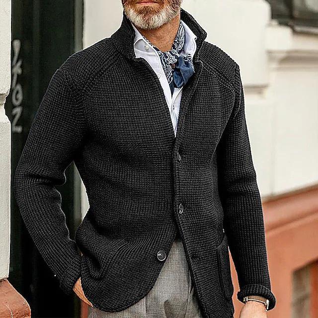 Men's Casual Long Sleeve Solid Color Knitted Cardigan - European & American Fashion