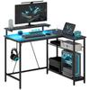 Scrivania a L con LED, Prese, USB, Scrivania per Computer Reversibile con Mensola, 107 x 80 x 90 cm, Nero