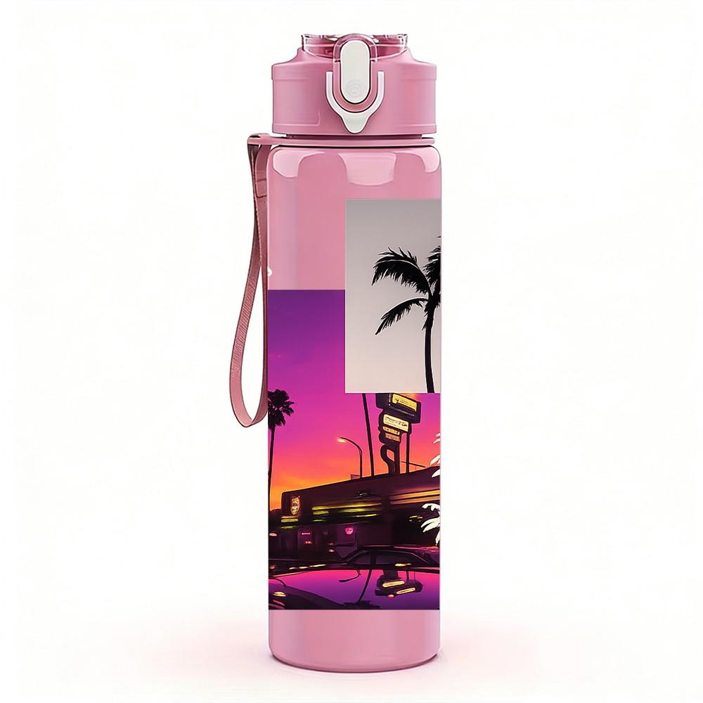 1PC Palm Tree Sunset Beach Retro Print 750ml Color Plastic Sports Water Bottle Leakproof Flip Straw Lid Suitable for Sports Office Home Use