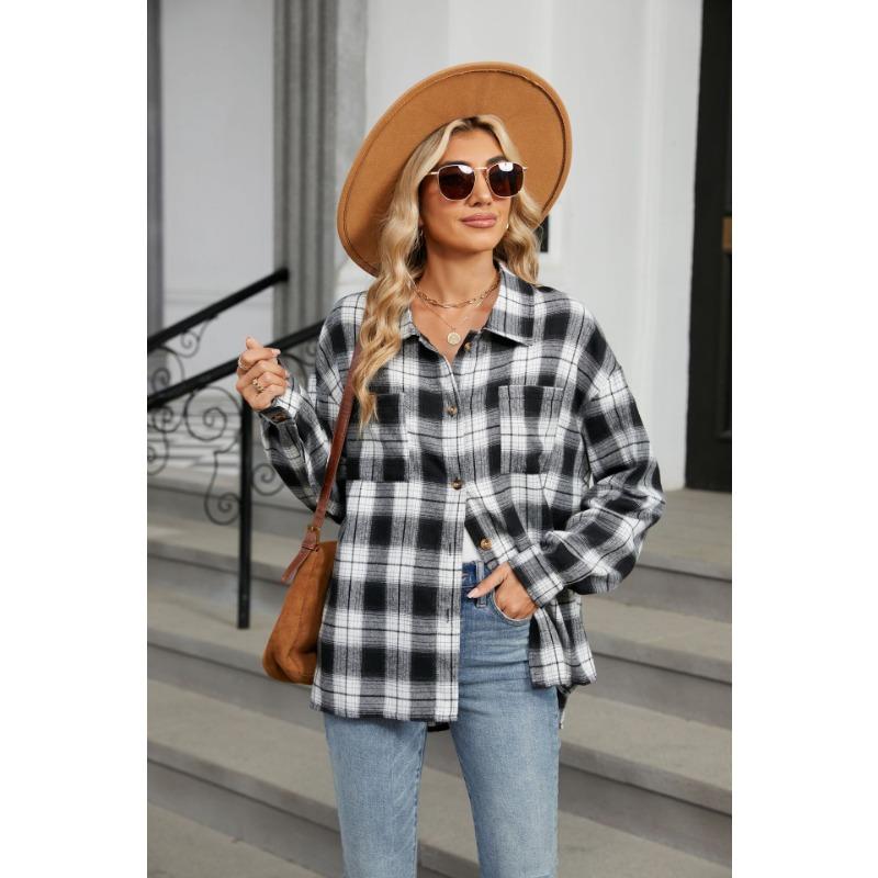 Spring and Autumn Jacket Women's Blouse Plus Size Lapel Long Sleeve Pocket Button Plaid Shirt