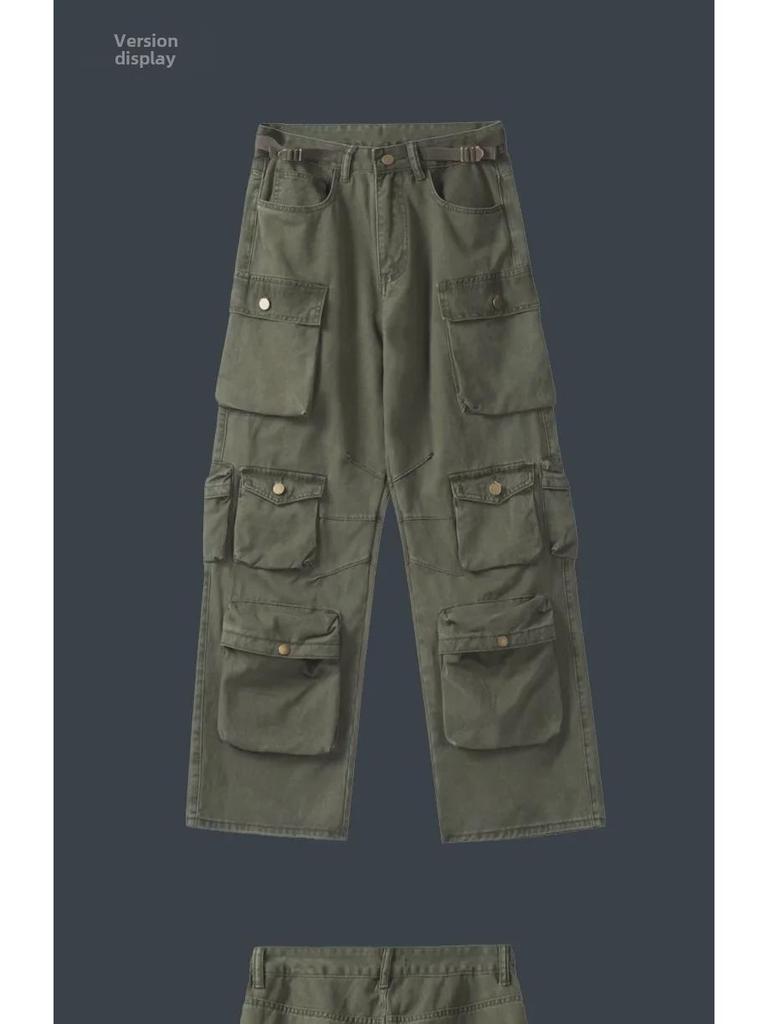 2024 Ami Khaki Retro Casual Unisex Overalls - Trendy Wide-Leg, Straight Pants with Multiple Pockets