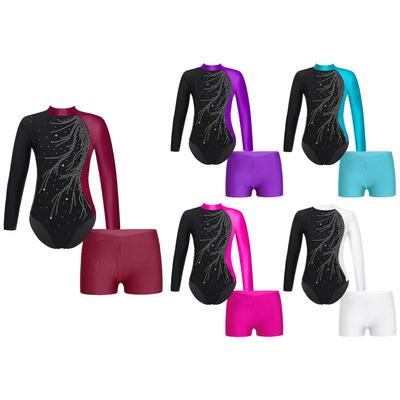 Çocuk Kız Jimnastik Pateni Uzun Kollu Leotard Tulum Şortlu Giyim