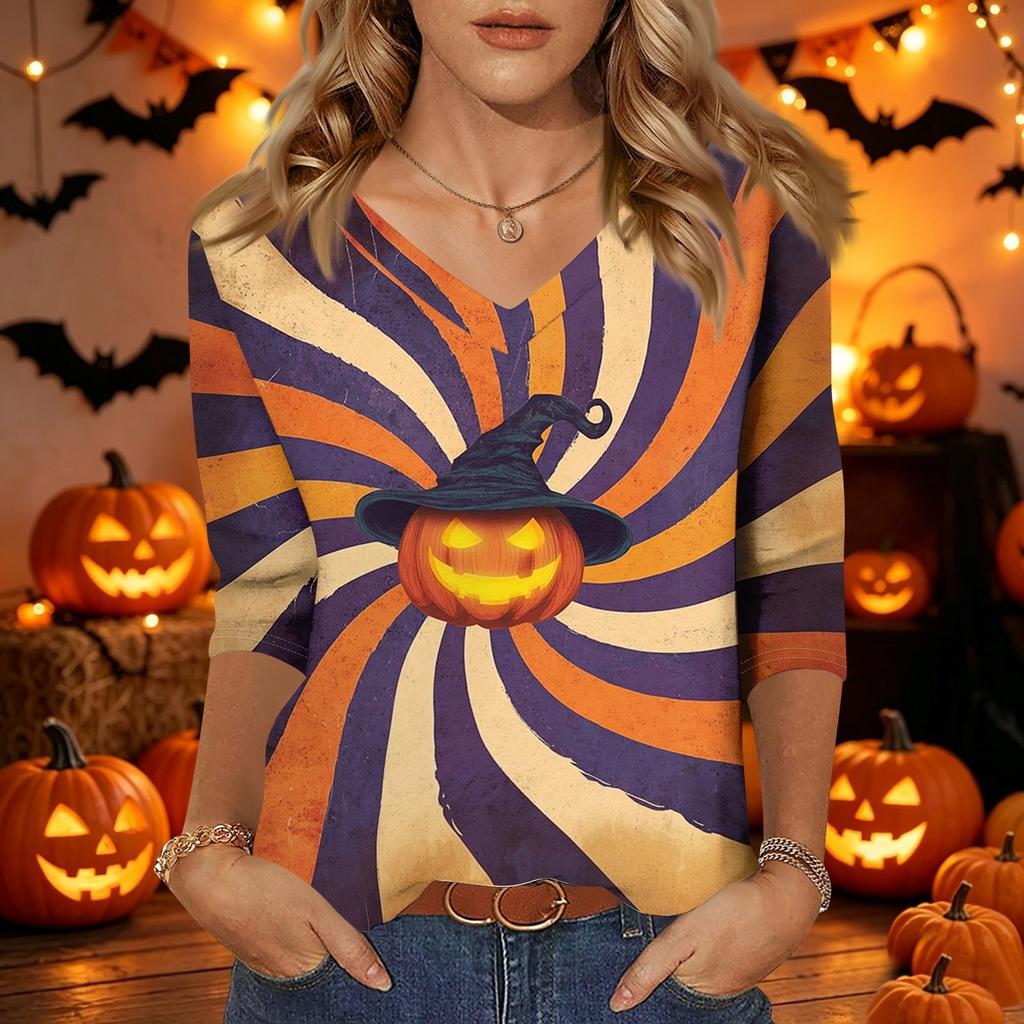 Women's Casual Halloween Printed V Neck Three Quarter Sleeve Top Tie Dye Pumpkin Bat Pattern Lightweight Blouse for Fall