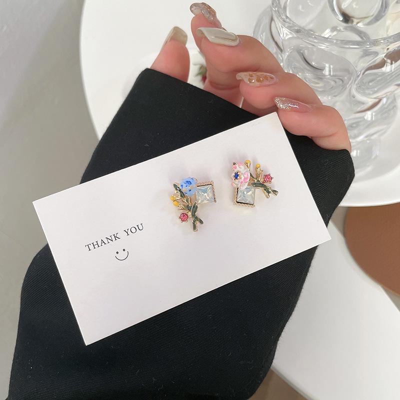 French Style Colored Enamel Glaze Flower Stud Earrings Simple Personality Special-Interest Earrings