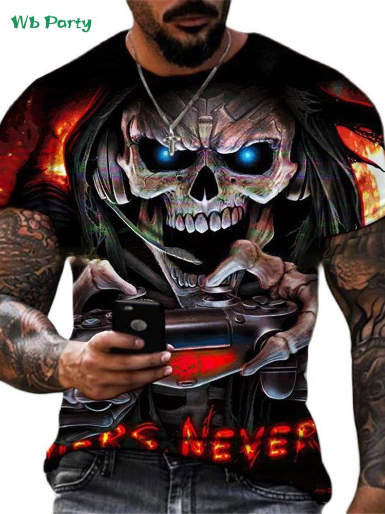 Retro skull 3D print men's T-shirt, summer street style men's top, fashionable round neck short-sleeved T-shirt, new loose fit men's clothing.