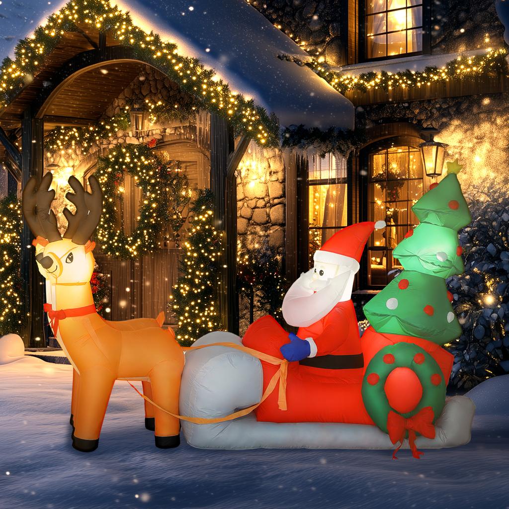 Inflatable Santa Claus with Sleigh and Inflatable Christmas Reindeer with LED Lights for Outdoor and Indoor Use 216x90x150 Cm