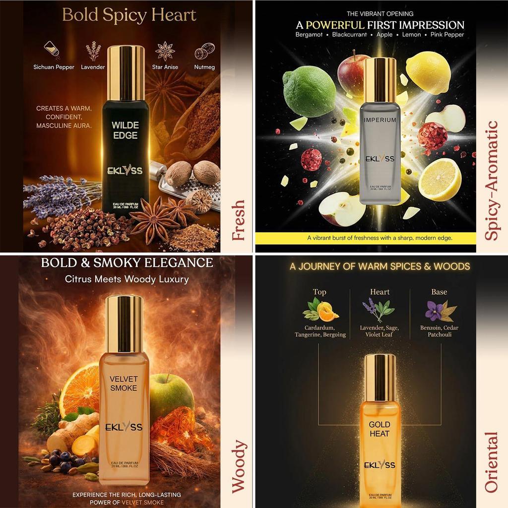 Luxury Perfume Set for Him, Classic Edition, Pack of 4, 20ml Each, All-Day Longevity, Strong Projection, All-Weather Fragrances